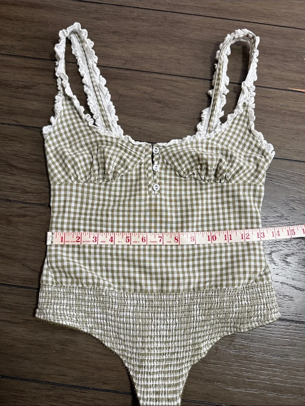 Intimately Free People Cassie Bodysuit Army Green Gingham Checked 100% Cotton XS